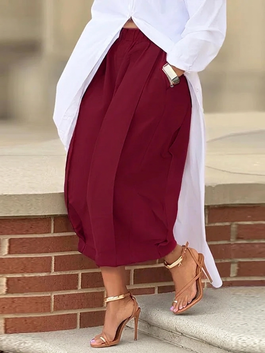 Solid color loose casual elastic waist slimming cropped wide-leg pants