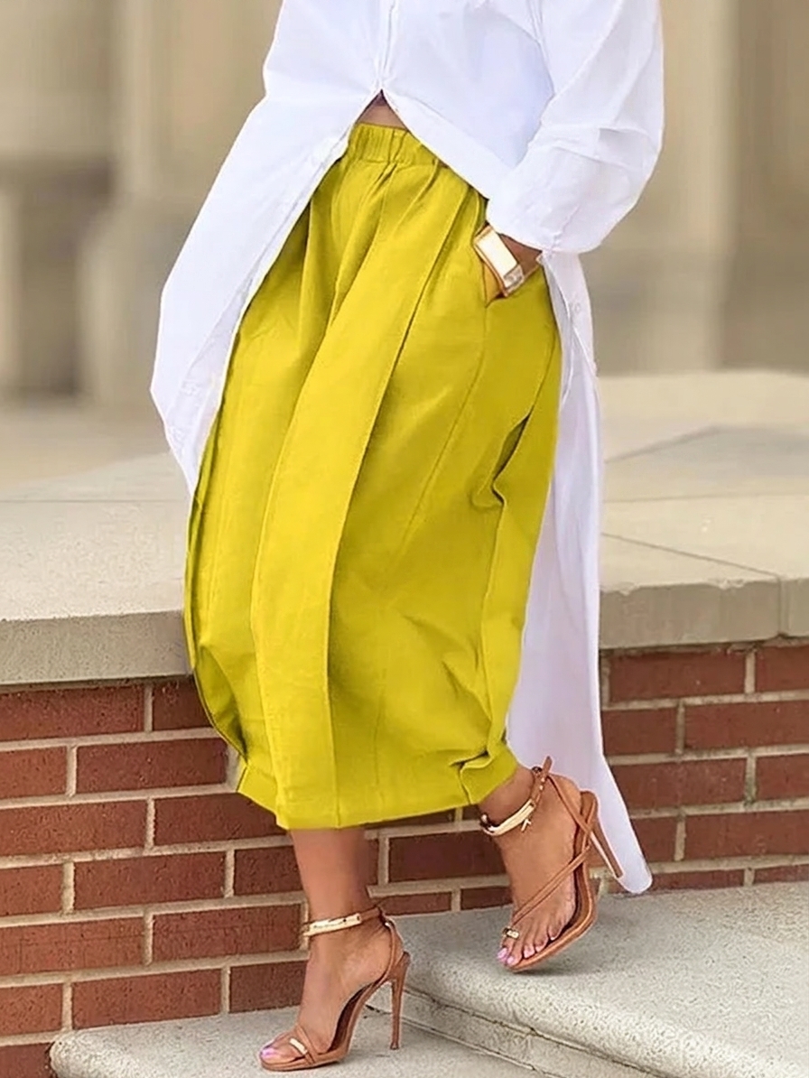 Solid color loose comfortable casual elastic waist slimming 7/8 wide leg pants