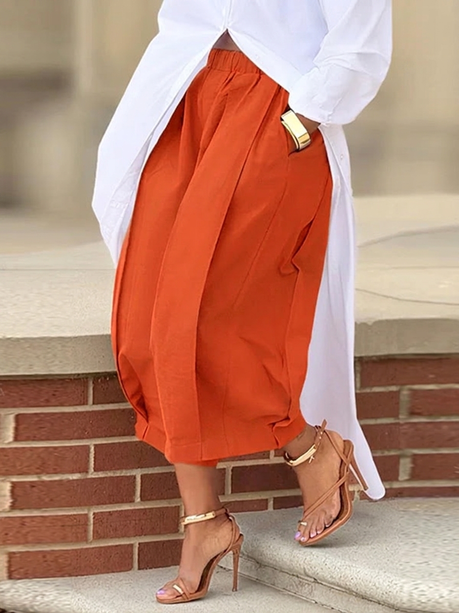 Solid color loose comfortable casual elastic waist slimming 7/8 wide leg pants