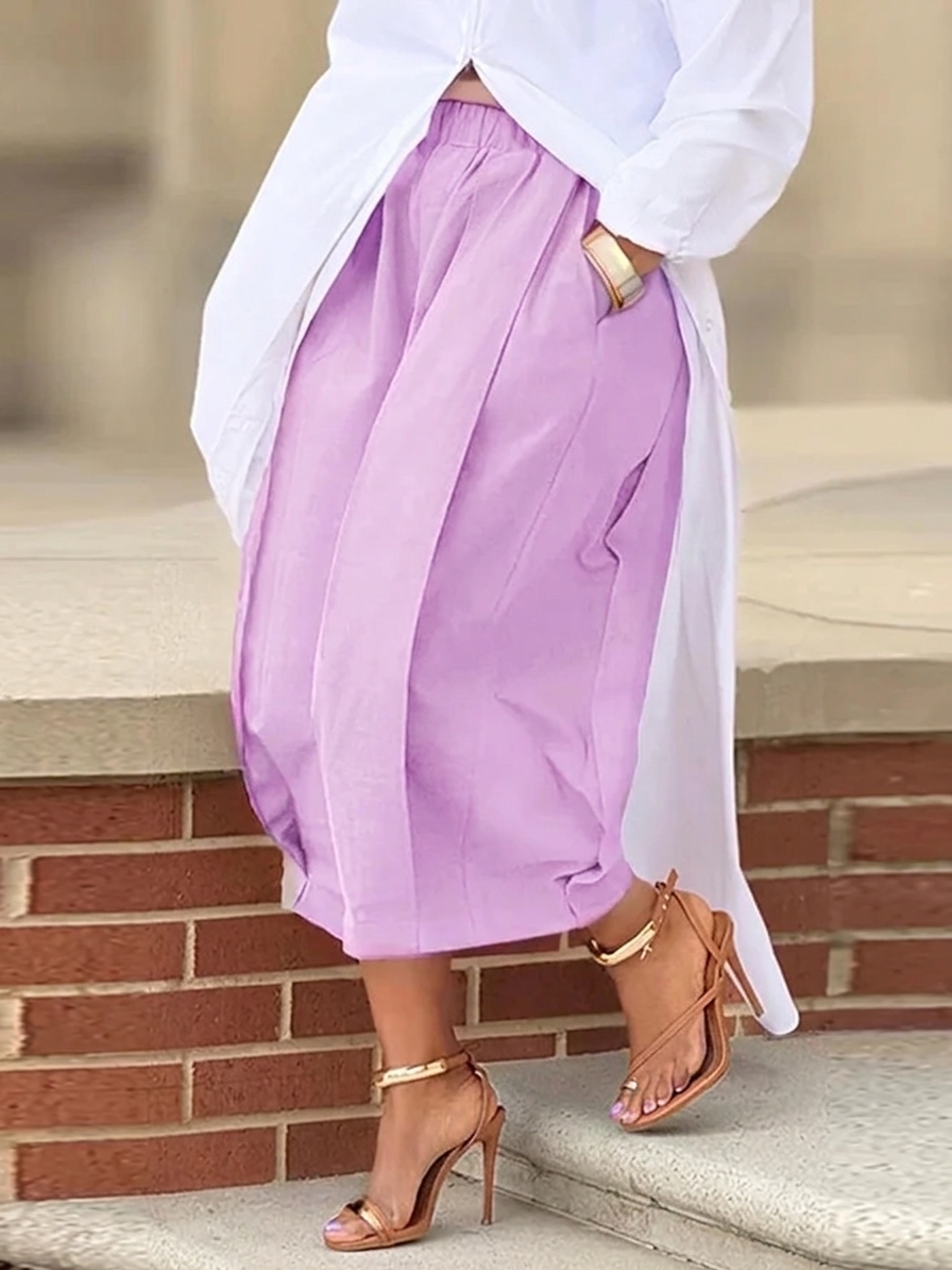 Solid color loose comfortable casual elastic waist slimming 7/8 wide leg pants