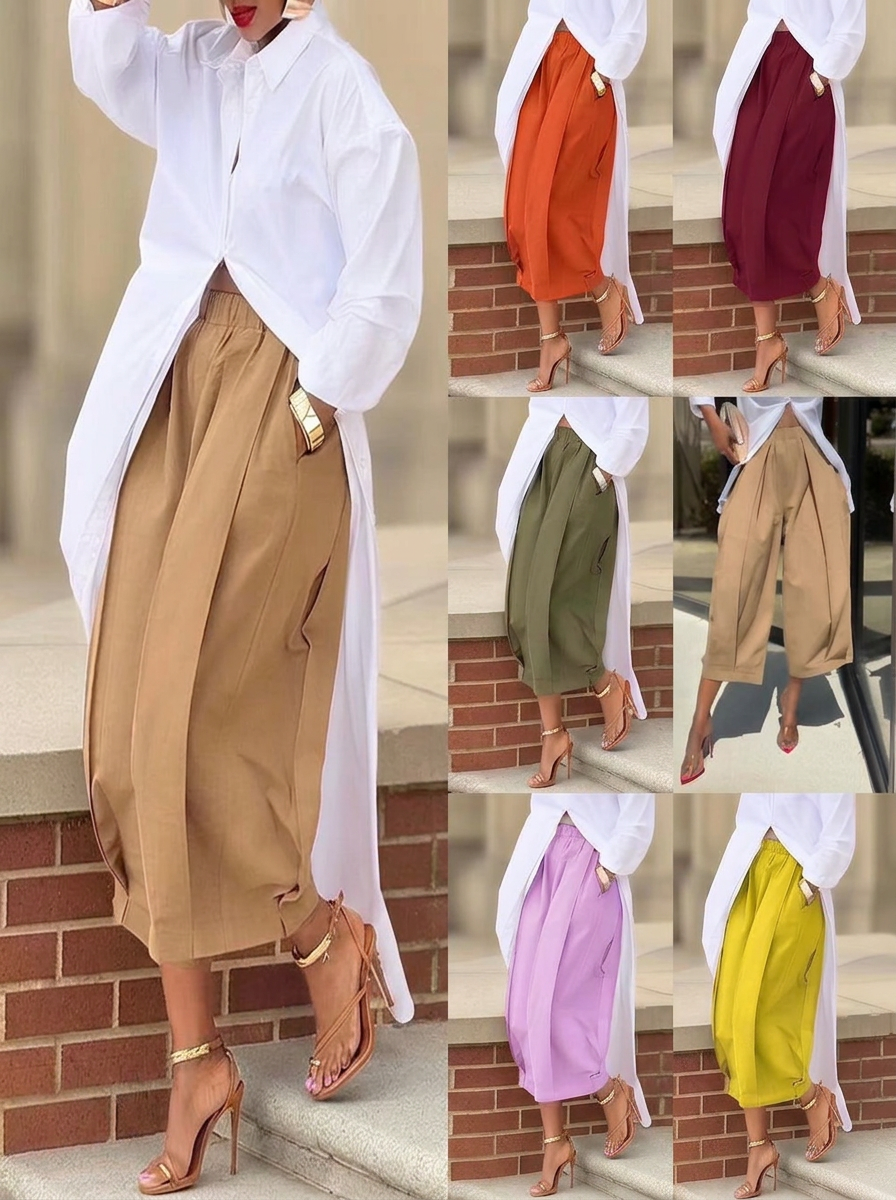 Solid color loose comfortable casual elastic waist slimming 7/8 wide leg pants