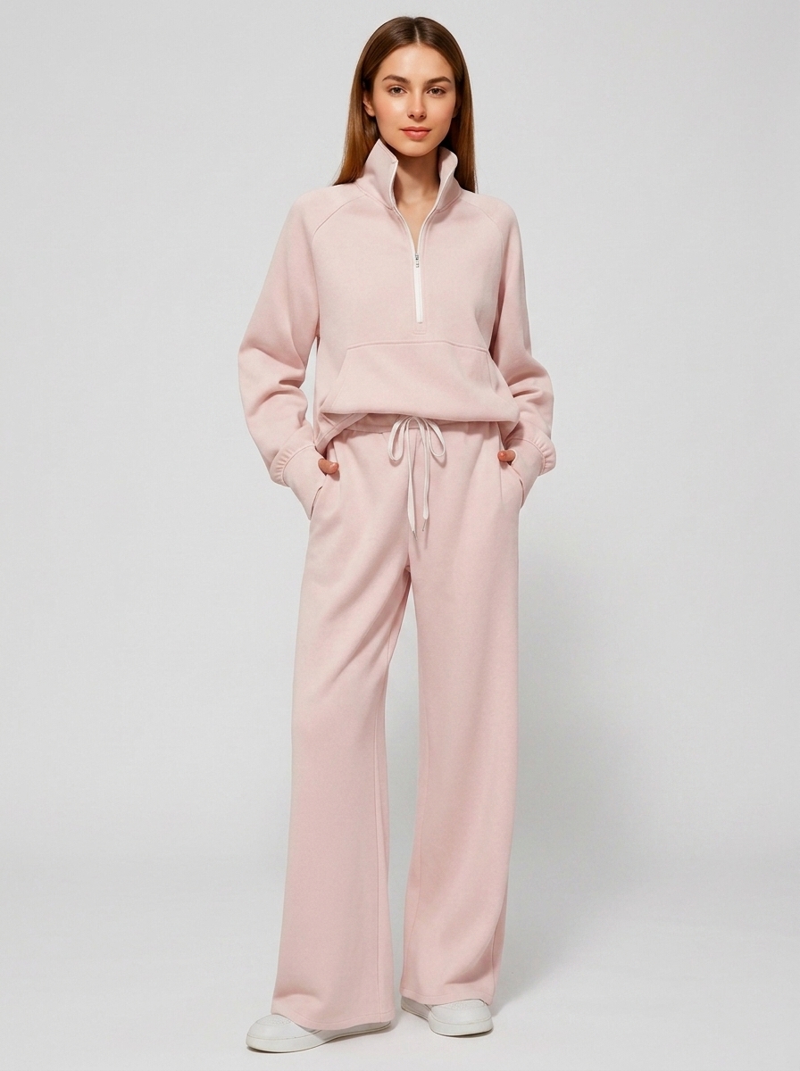 Solid Color Two-Piece Half-Zip Sweatshirt and Wide-Leg Pants Lounge Set