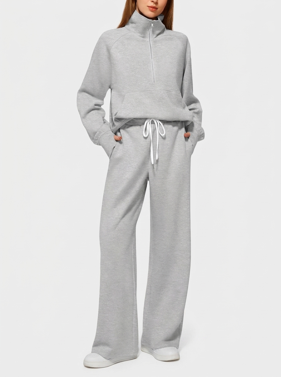 Solid Color Two-Piece Half-Zip Sweatshirt and Wide-Leg Pants Lounge Set