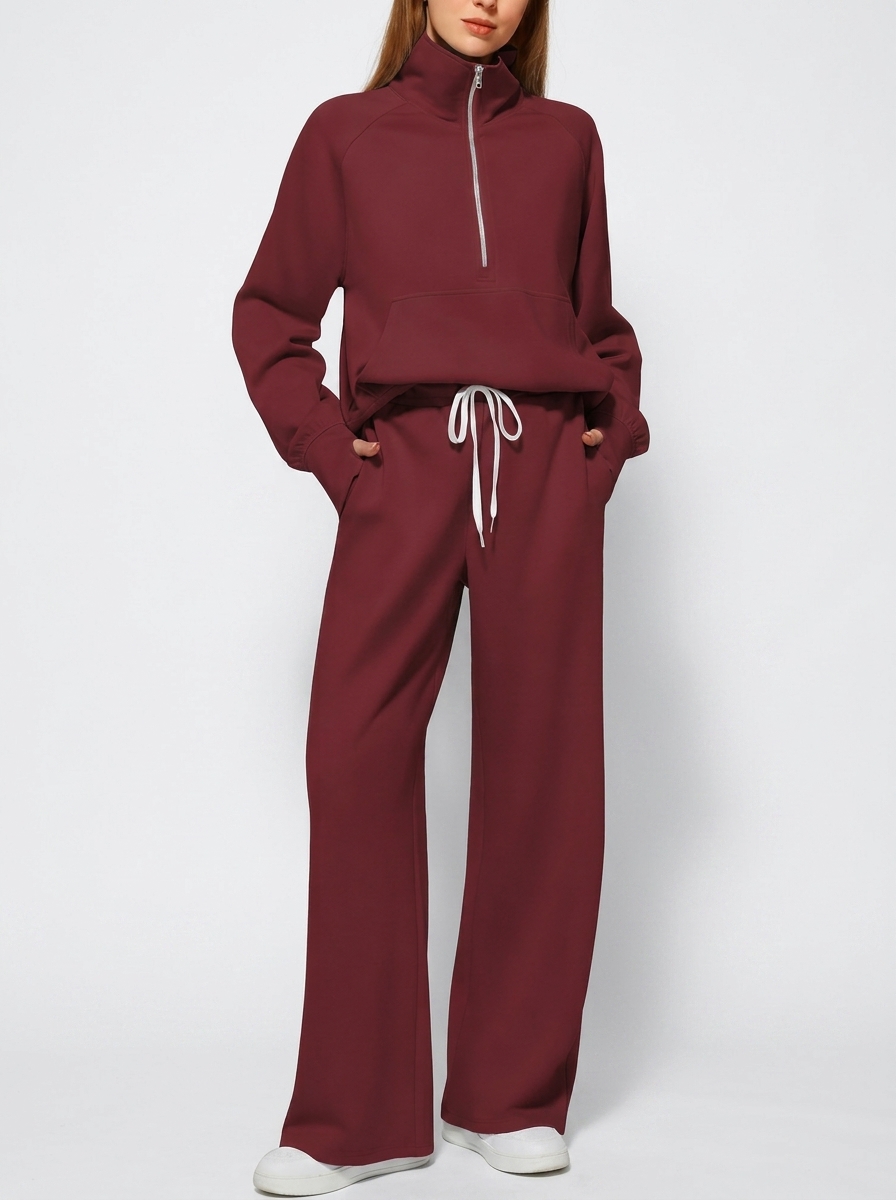 Solid Color Two-Piece Half-Zip Sweatshirt and Wide-Leg Pants Lounge Set