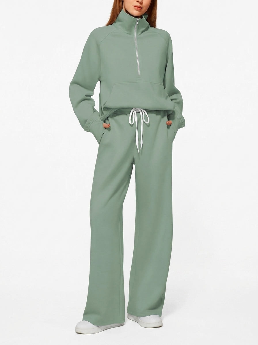 Solid Color Two-Piece Half-Zip Sweatshirt and Wide-Leg Pants Lounge Set