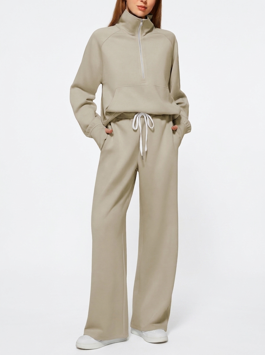 Solid Color Two-Piece Half-Zip Sweatshirt and Wide-Leg Pants Casual Set