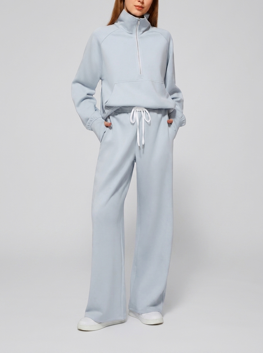 Solid Color Two-Piece Half-Zip Sweatshirt and Wide-Leg Pants Lounge Set