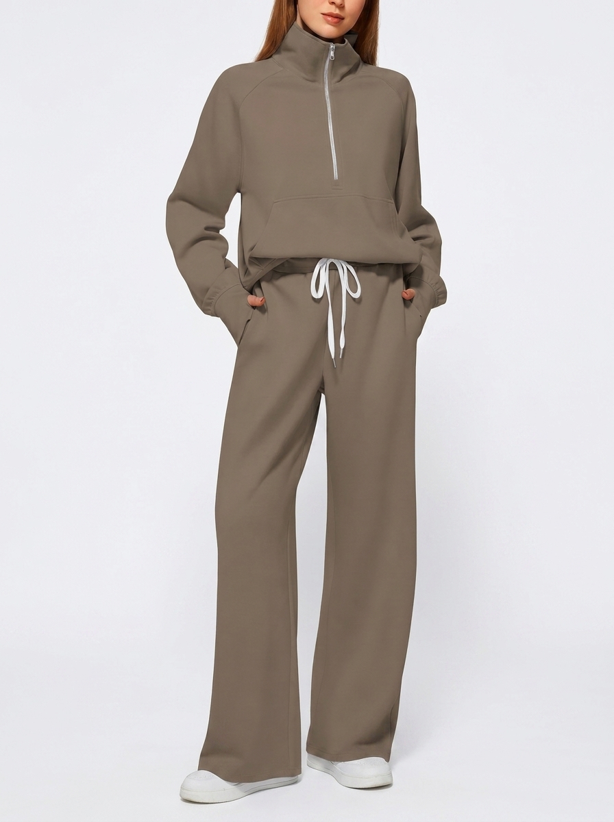 Solid Color Two-Piece Half-Zip Sweatshirt and Wide-Leg Pants Lounge Set