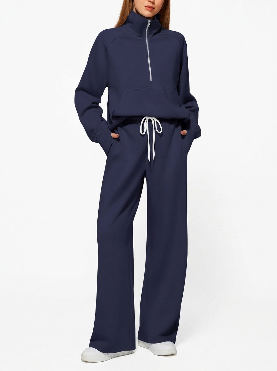 Solid Color Two-Piece Half-Zip Sweatshirt and Wide-Leg Pants Casual Set