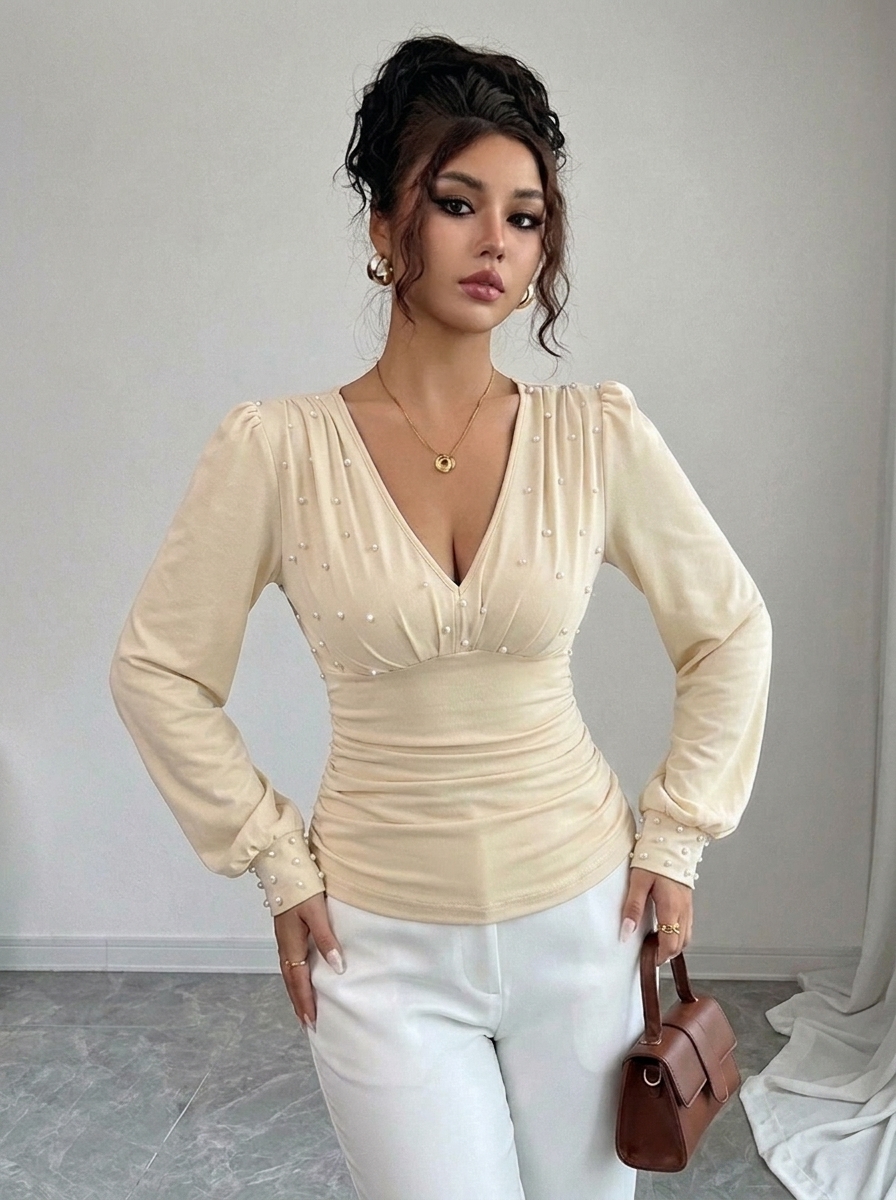 V-neck Pearl Embellished Slim Fit Long-Sleeve T-Shirt