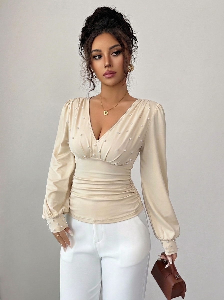 V-neck Pearl Embellished Slim Fit Long-Sleeve T-Shirt