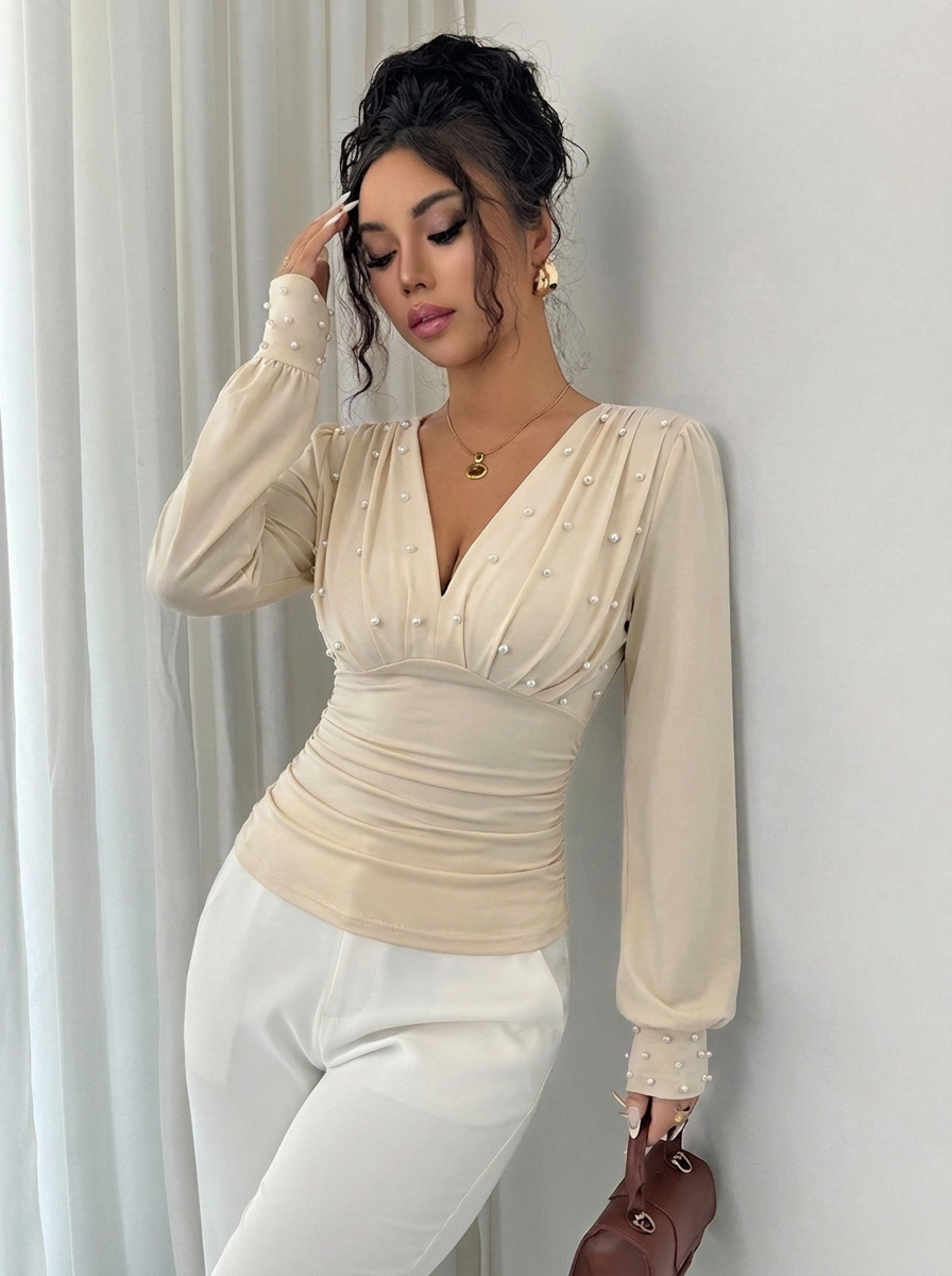 V-Neck Pearl Embellished Slim Fit Solid Long Sleeve T-Shirt