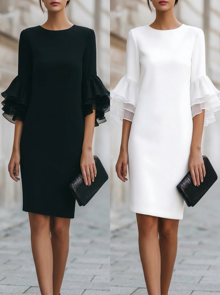 Elegant ruffled trumpet sleeve fitted dress