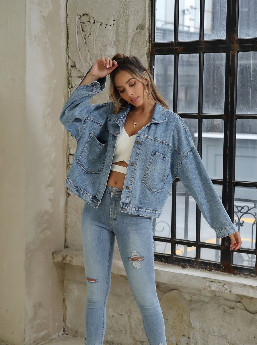 Vintage Casual Loose Denim Jacket with Large Pockets