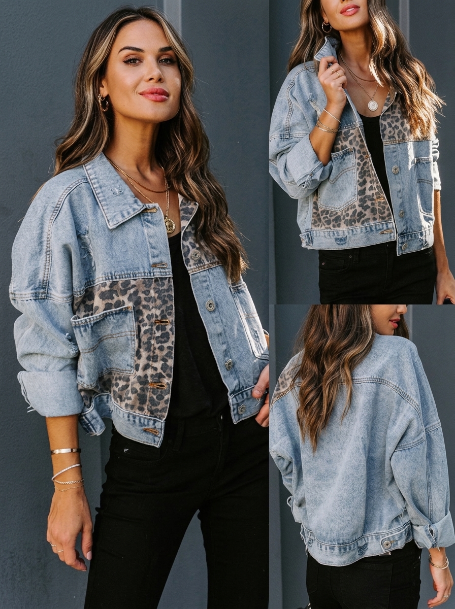 Leopard Print Patchwork Long-Sleeve Denim Jacket