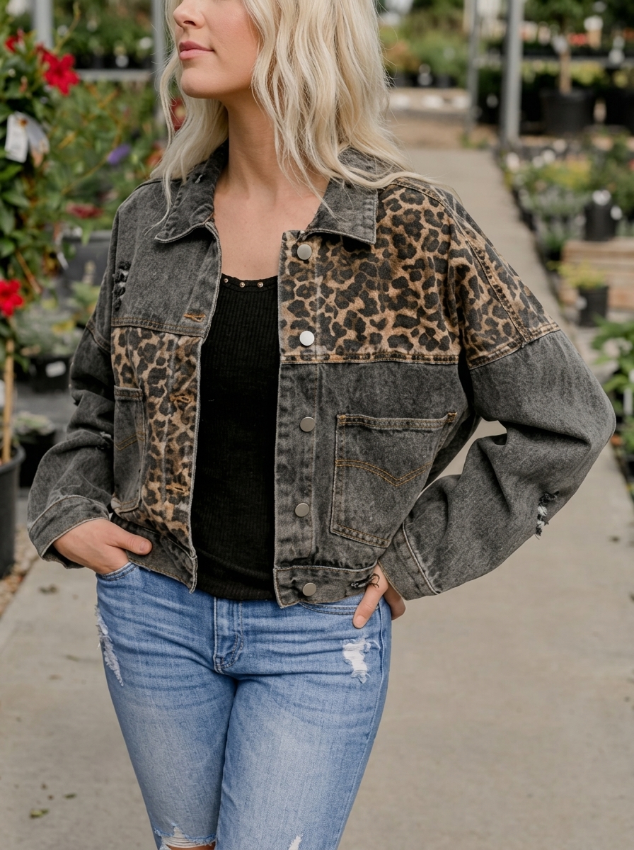 Leopard Print Patchwork Long-Sleeve Denim Jacket