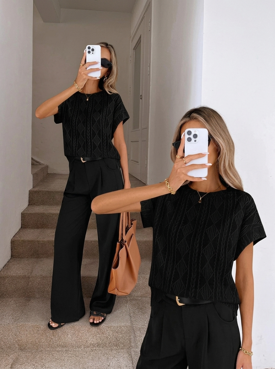 Casual Round Neck Jacquard Short Sleeve T-Shirt