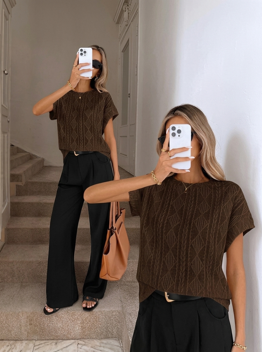 Casual Round Neck Jacquard Short Sleeve T-Shirt
