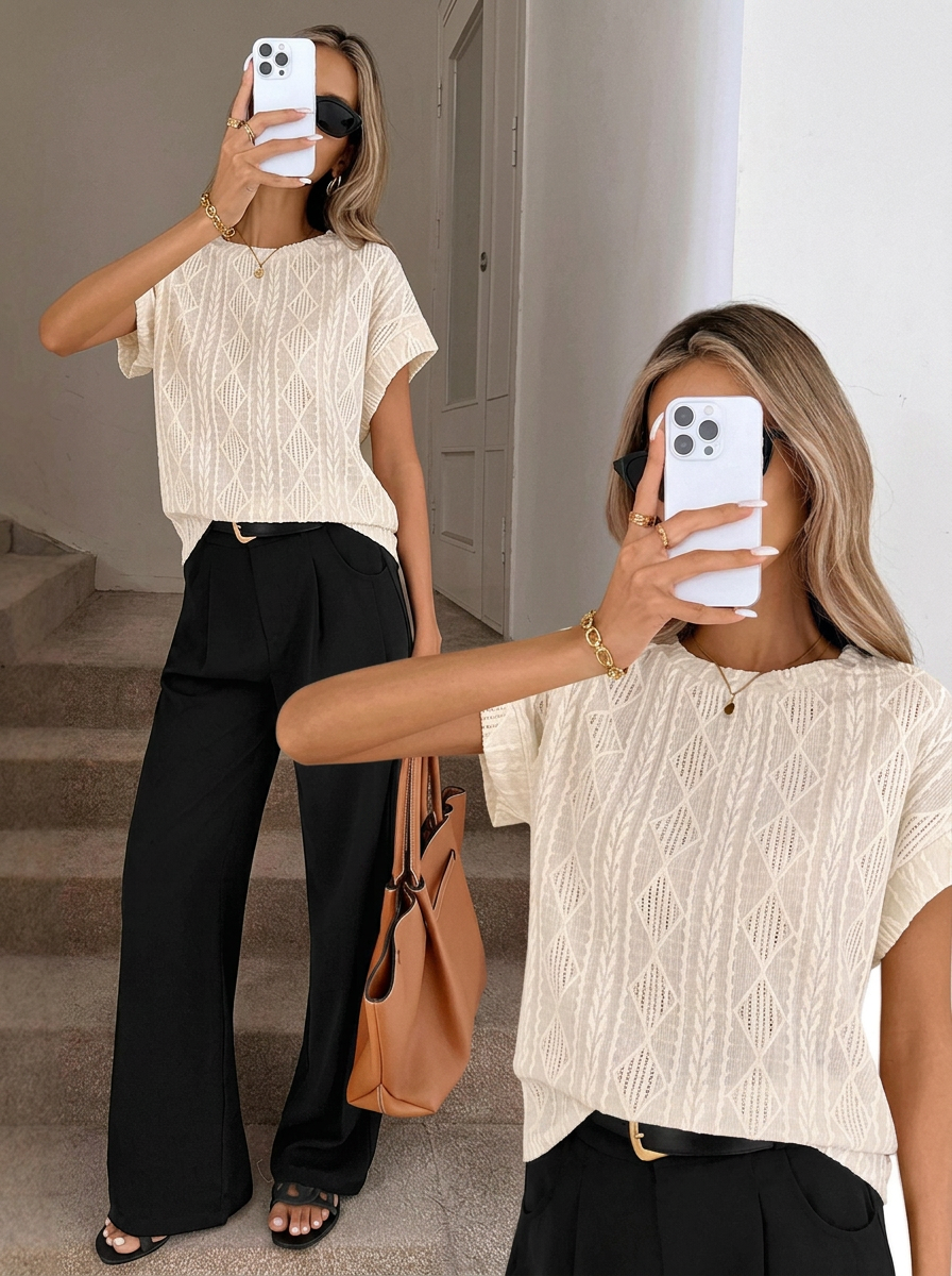 Casual Round Neck Jacquard Short Sleeve T-Shirt