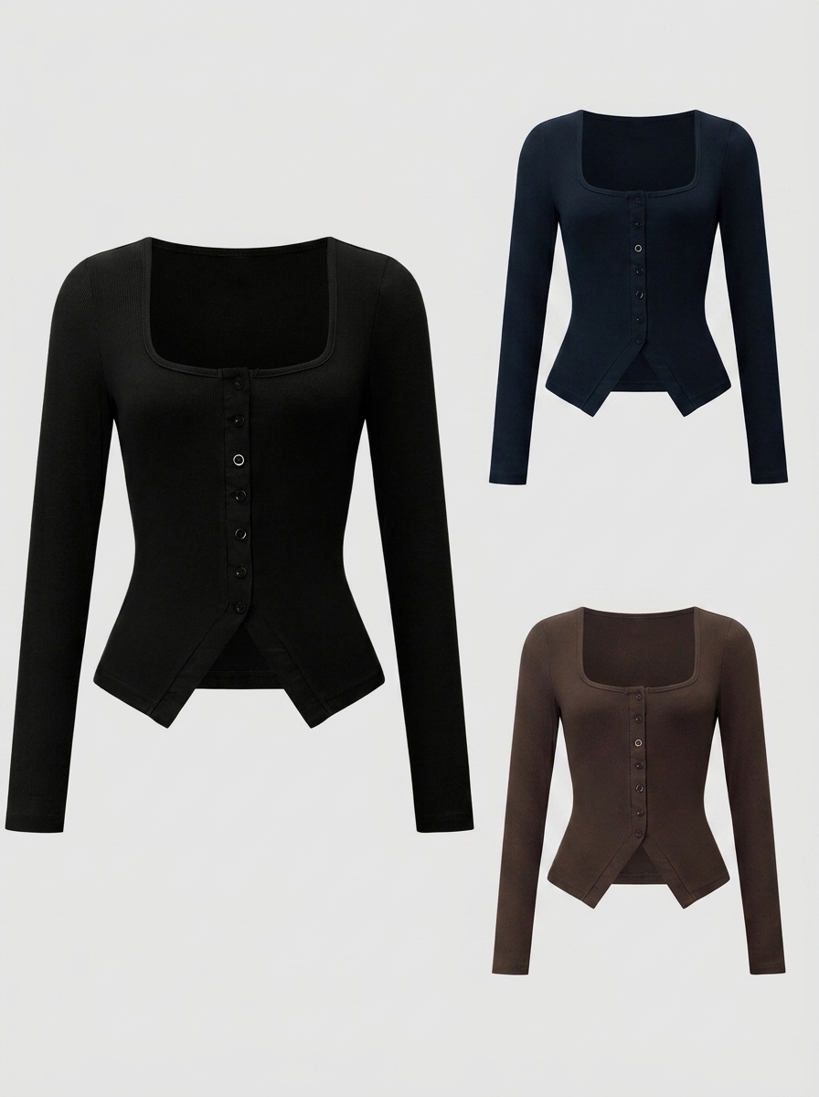 Square Neck Long Sleeve Slim Fit Solid Knit Top