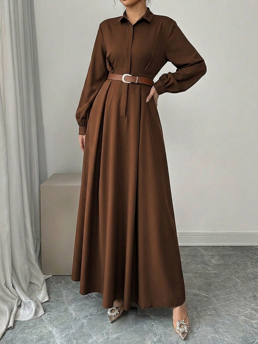 Long-sleeve dress with lapel collar and cinched waist