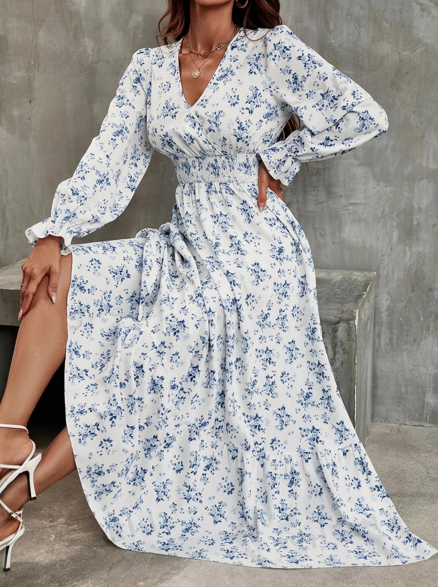 Printed V-Neck Long Sleeve Flared Dress