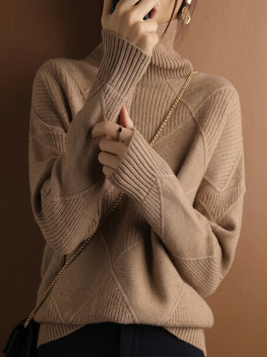 Solid color pullover sweater with diamond pattern and smooth texture