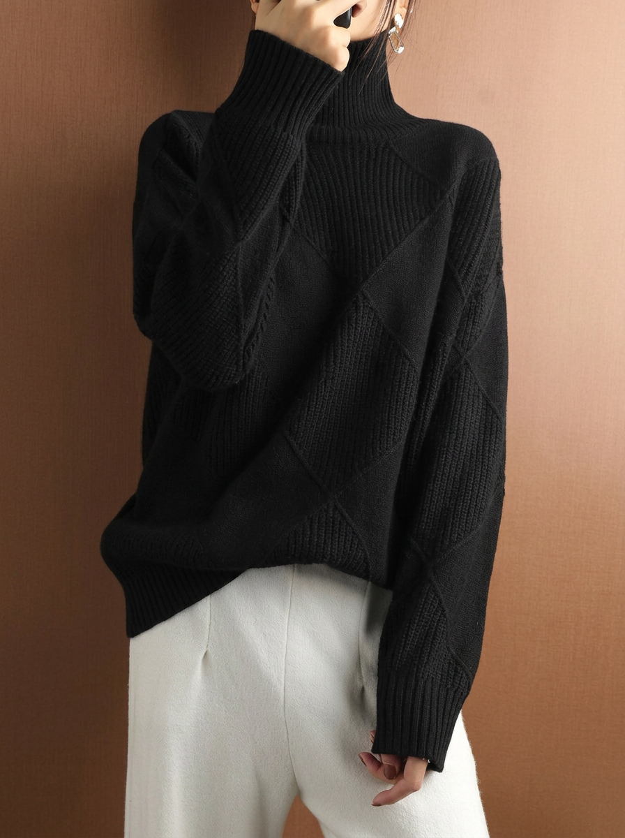 Solid color pullover sweater with diamond pattern and smooth texture