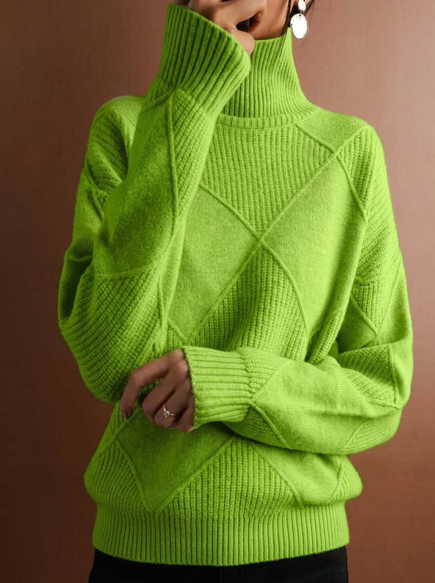 Solid color pullover sweater with diamond pattern and smooth texture