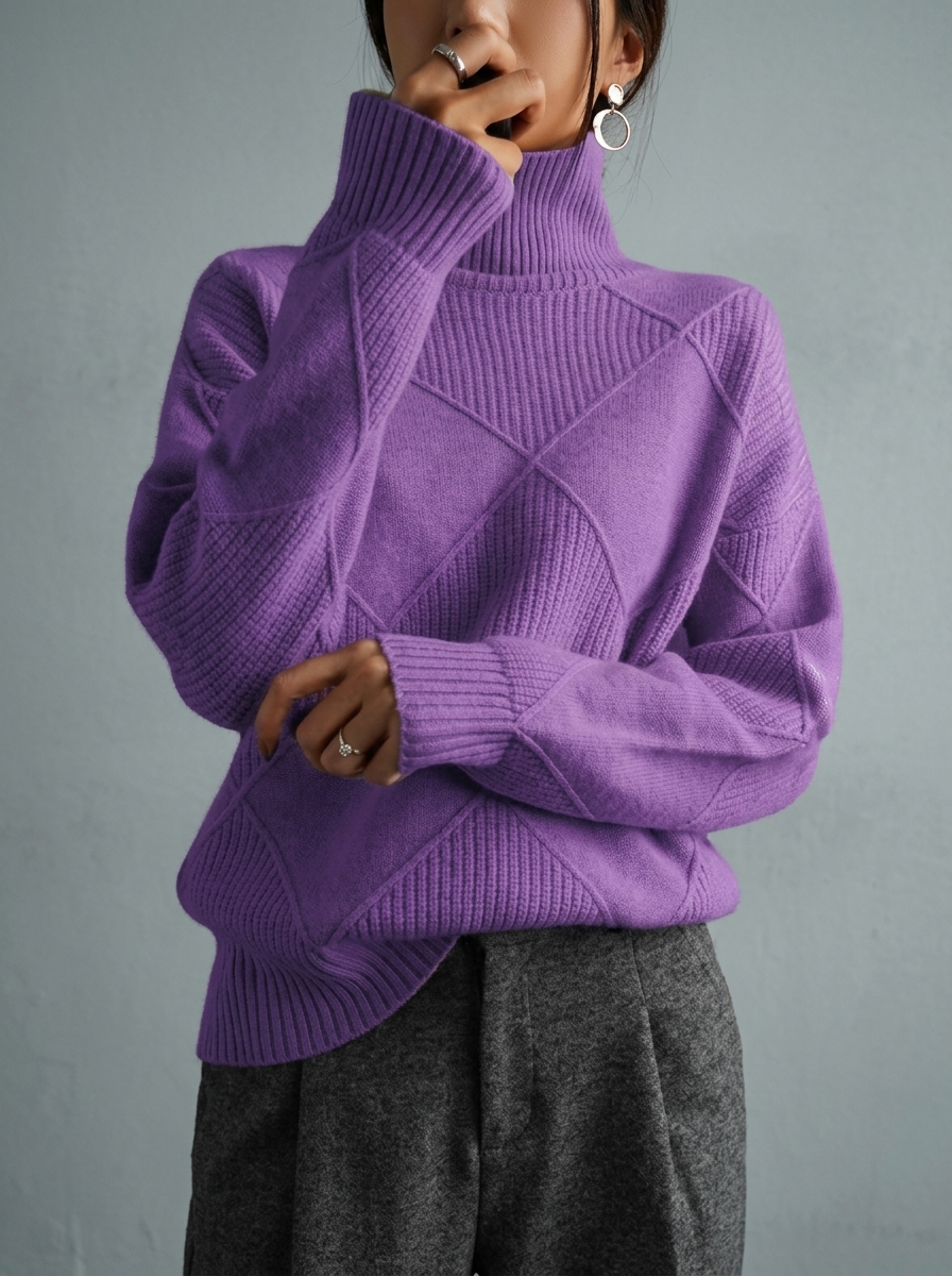 Trendy diamond-pattern smooth solid-color pullover sweater