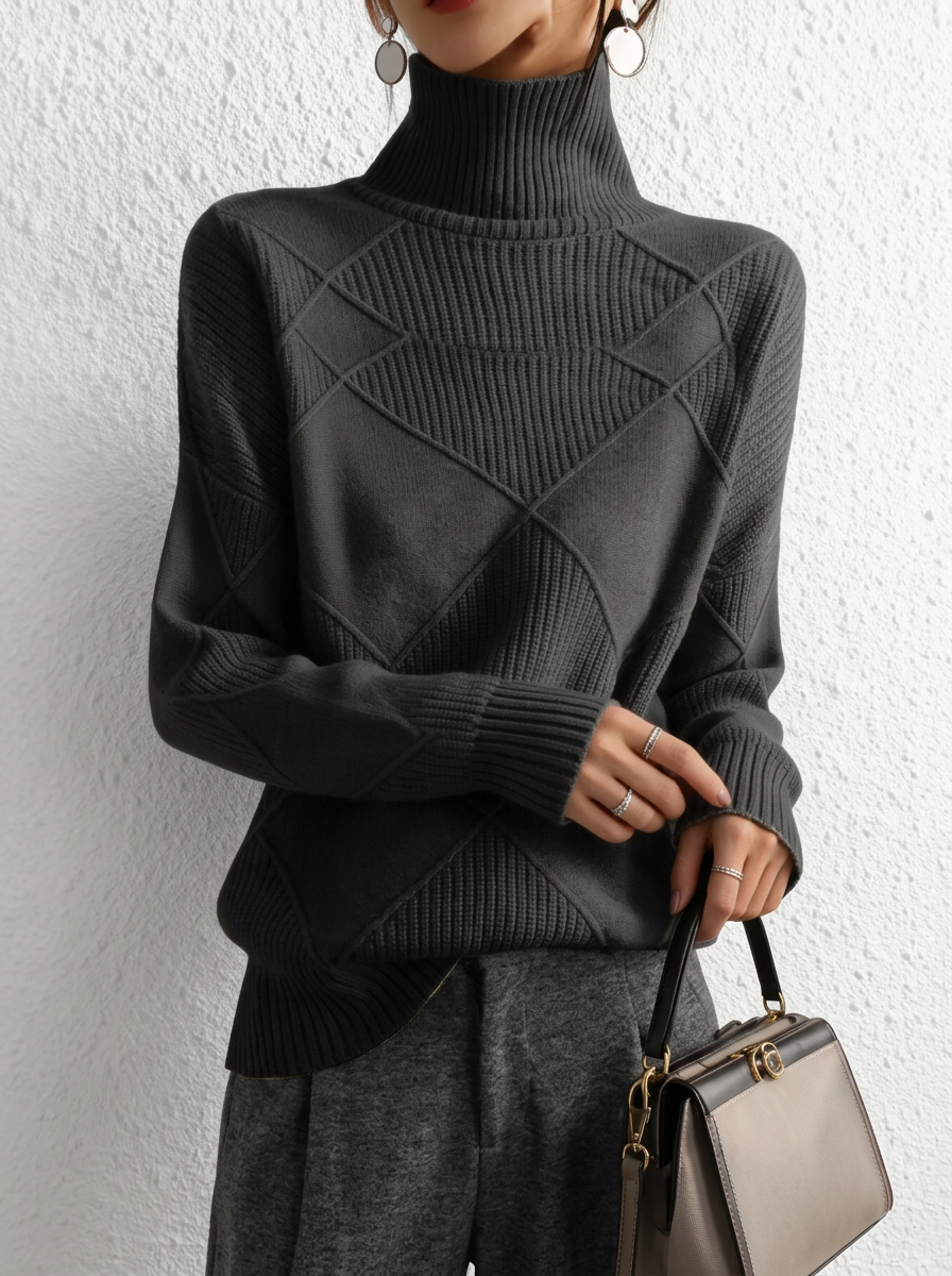 Trendy diamond-pattern smooth solid-color pullover sweater