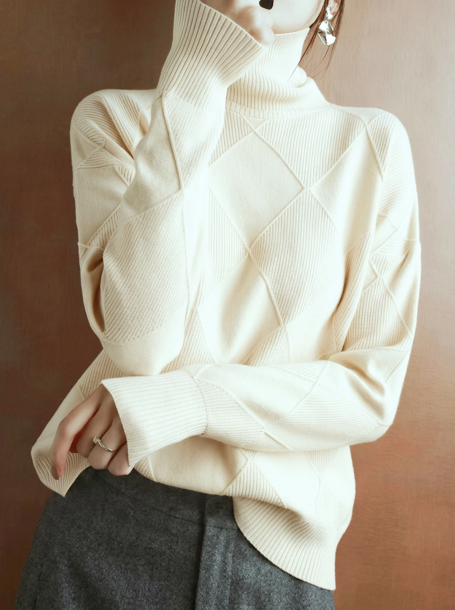 Trendy diamond-pattern smooth solid-color pullover sweater