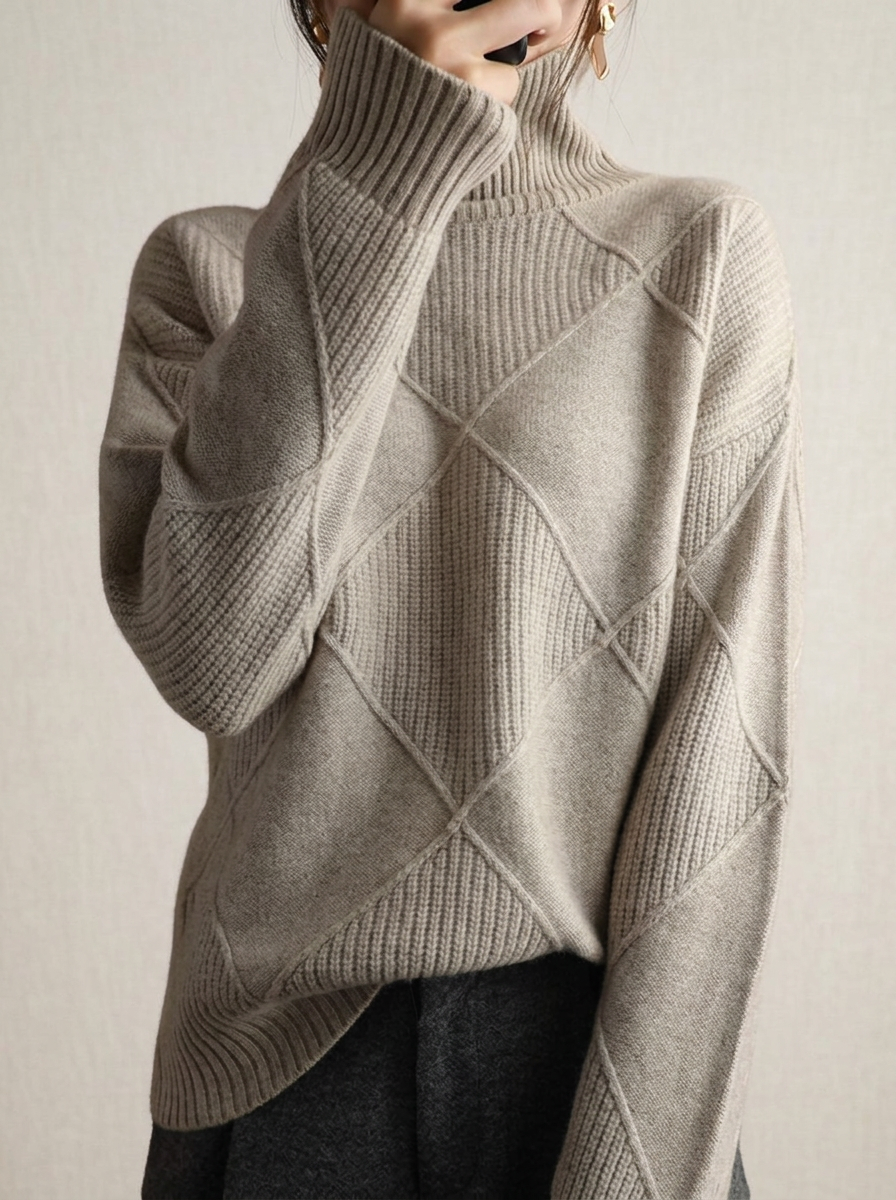 Solid color pullover sweater with diamond pattern and smooth texture