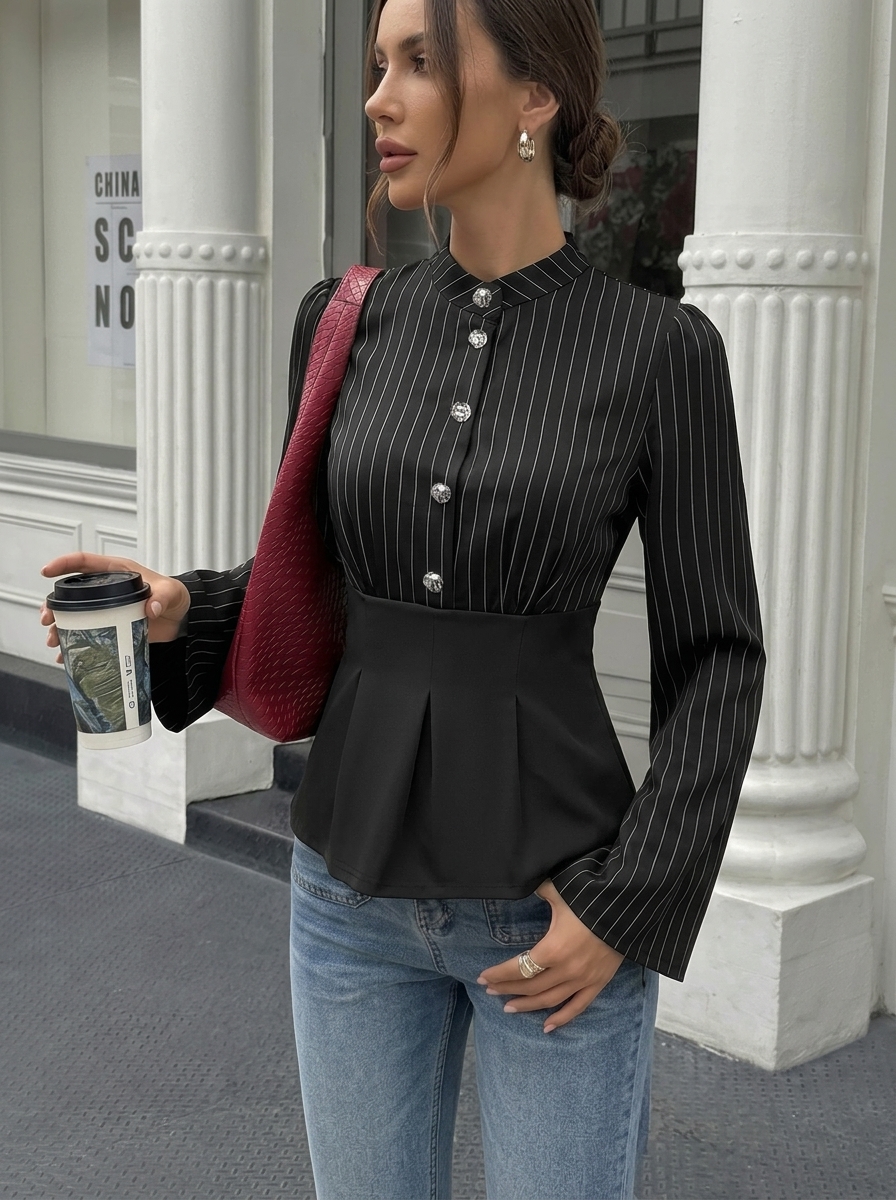 Striped waist-cinching patchwork long-sleeve shirt for commuting