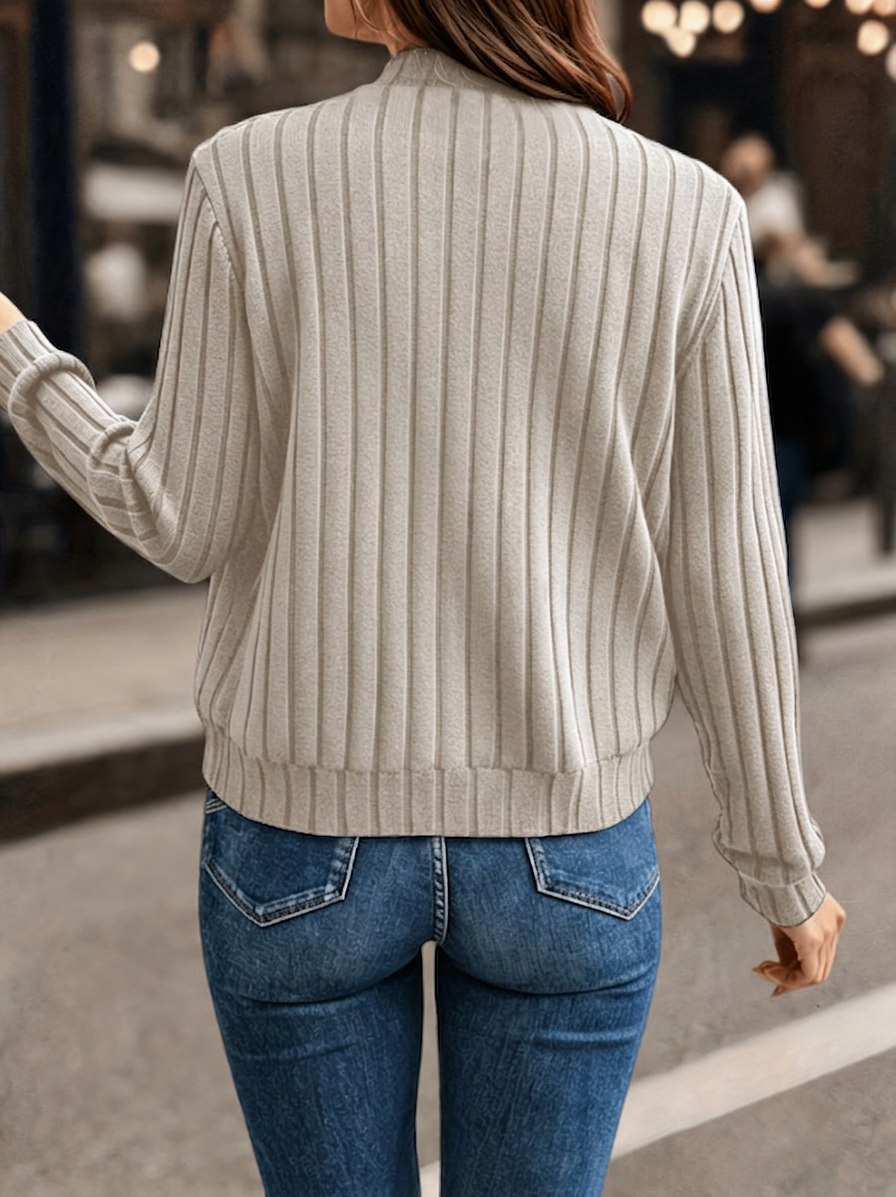 Solid Ribbed Zipper Long-Sleeve Jacket