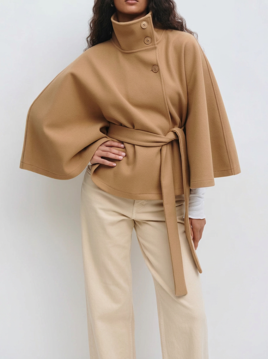 Solid Cape Coat with Stand Collar, Button and Belt
