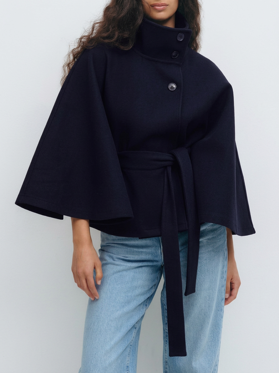 Solid Cape Coat with Stand Collar, Button and Belt
