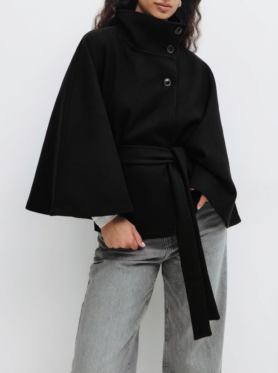 Solid Cape Coat with Stand Collar, Button and Belt