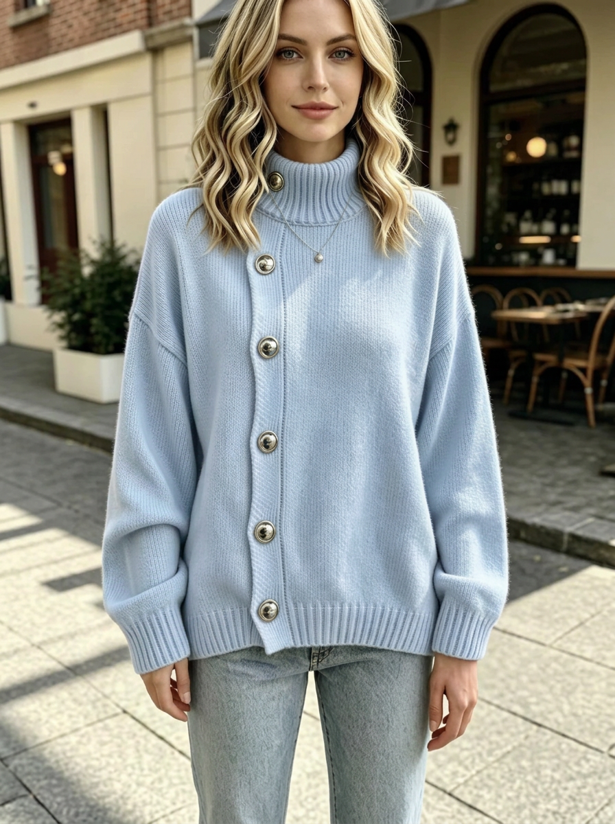 Solid high-neck sweater with metal buttons, loose fit