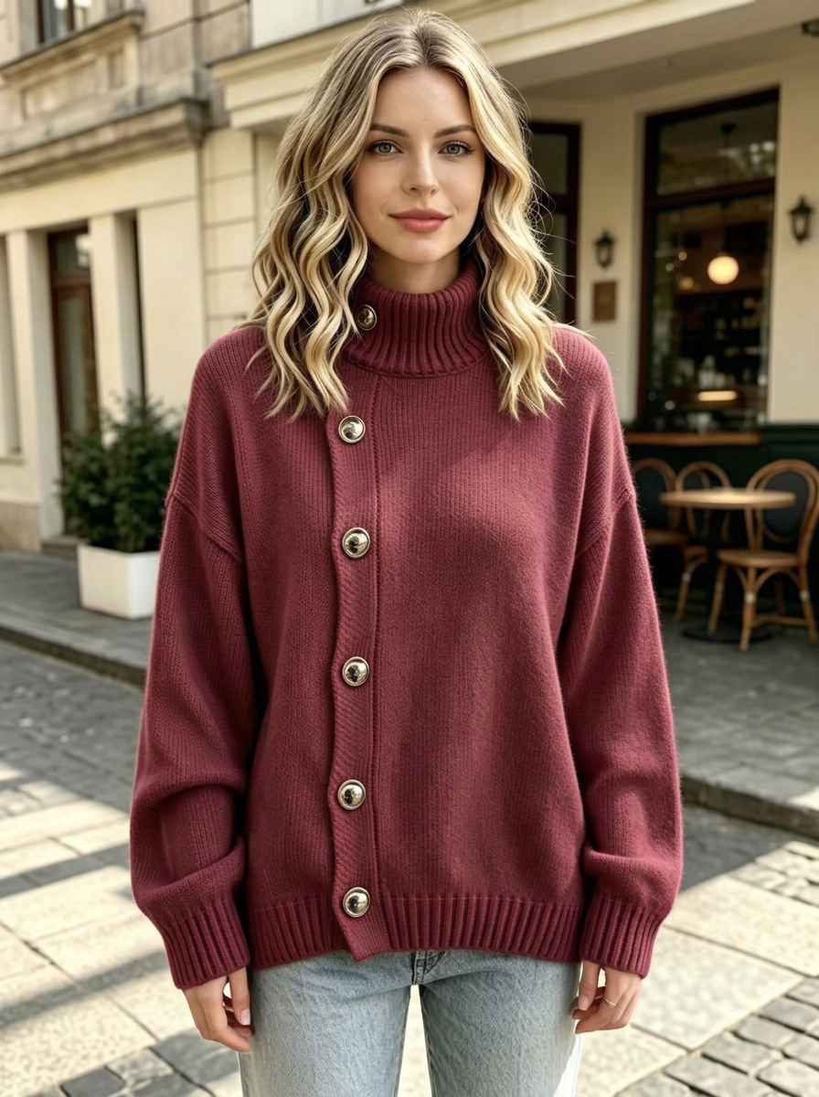 Solid high-neck sweater with metal buttons, loose fit