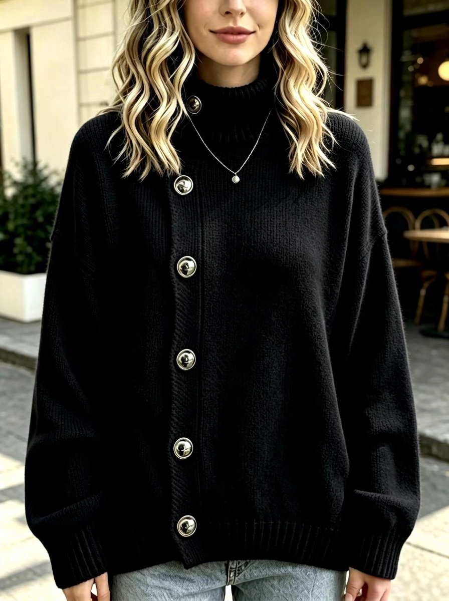 Solid high-neck sweater with metal buttons, loose fit
