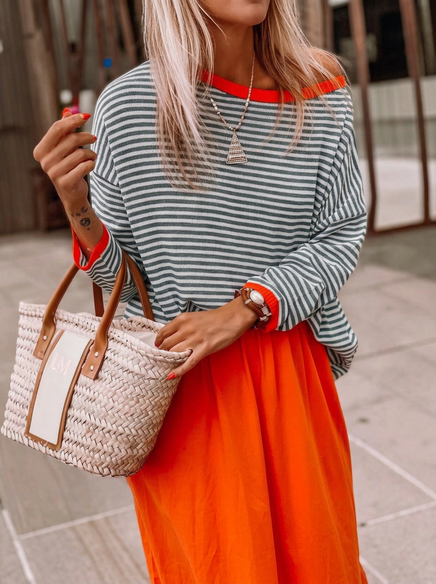 Crew Neck Striped Color-Block Long Sleeve Casual Sweater