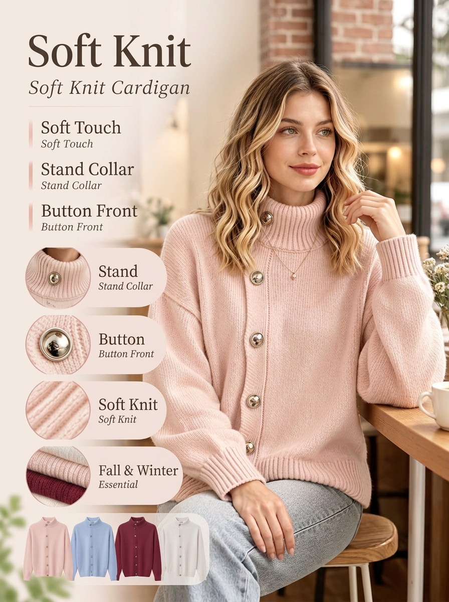 Solid high-neck sweater with metal buttons, loose fit