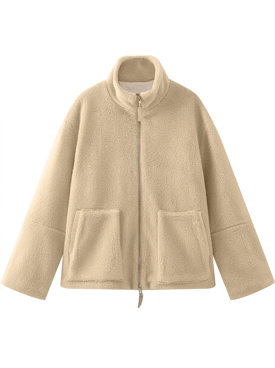 Lamb Fleece Solid Color High Neck Coat - Warm & Cozy