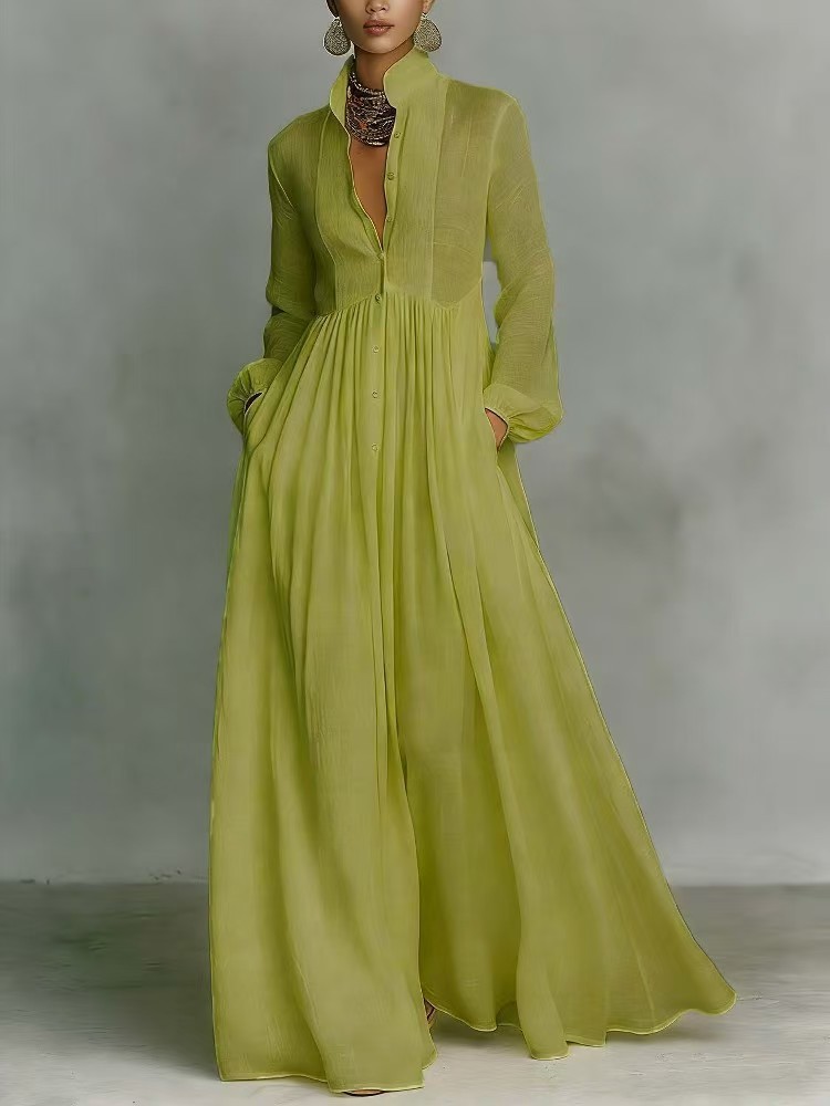 Elegant waist-slimming long-sleeved pleated vacation-style maxi dress
