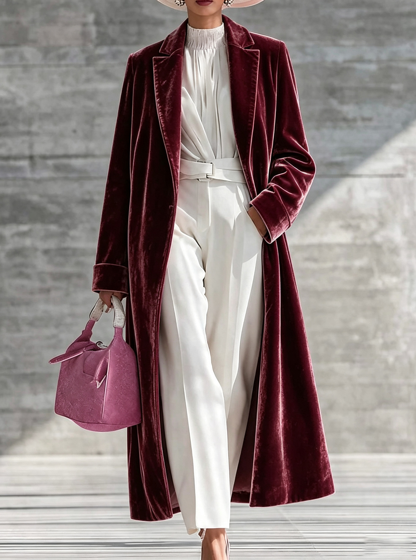 Long Velvet Coat with Notched Lapel, Over-Knee Length