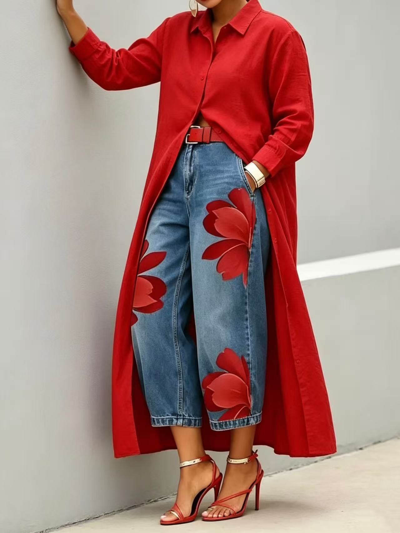 Floral Denim Wide Leg Pants with Slimming Effect