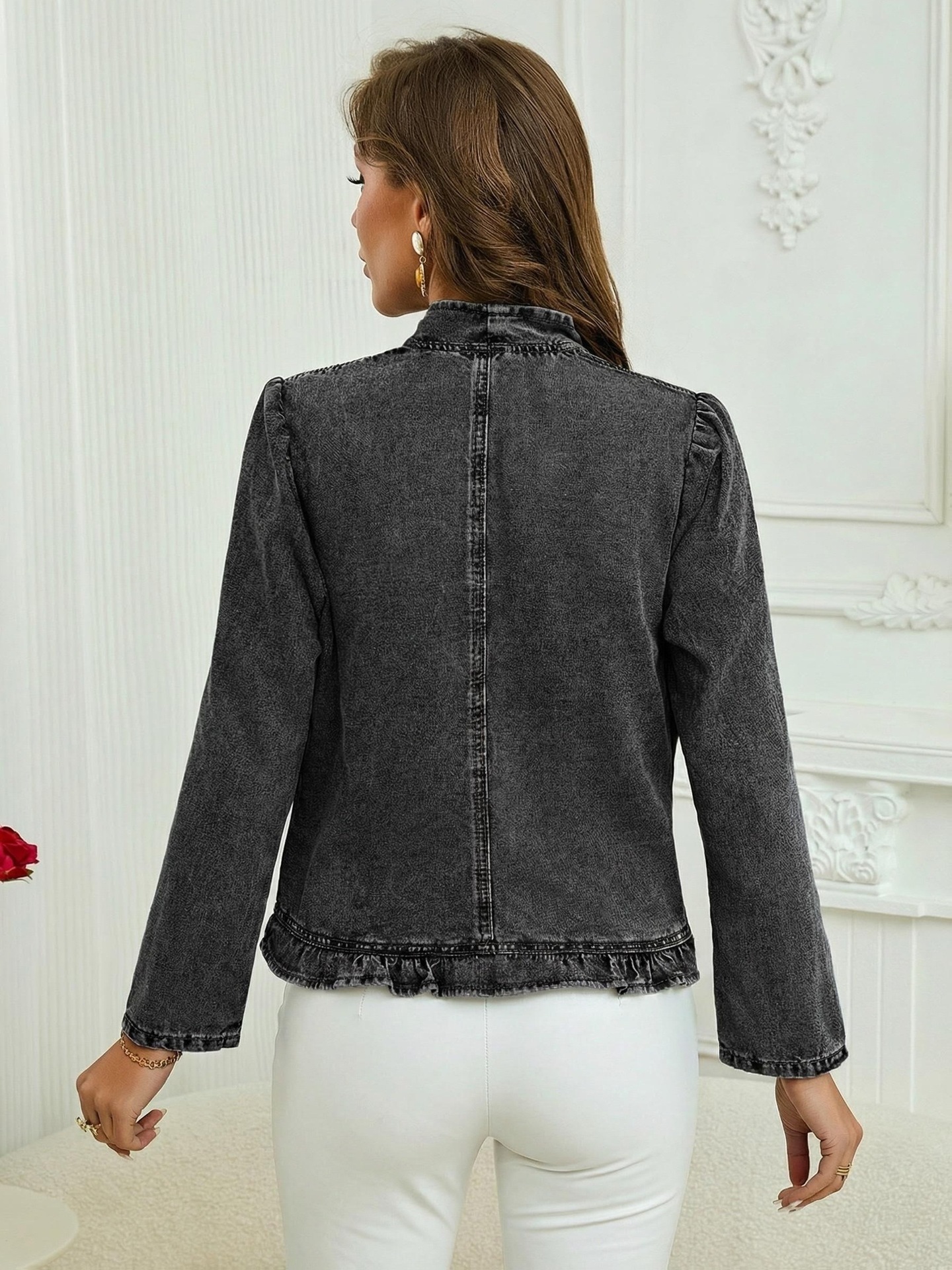 Buttonless Ruffled Denim Jacket