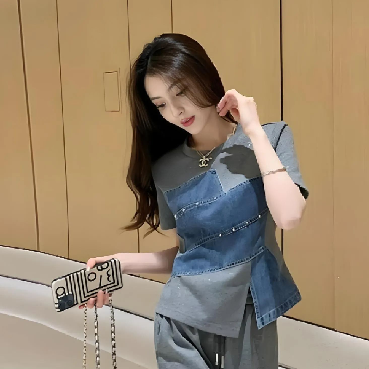 顯瘦牛仔拼接小個子獨特絕美巨好看的短袖t恤