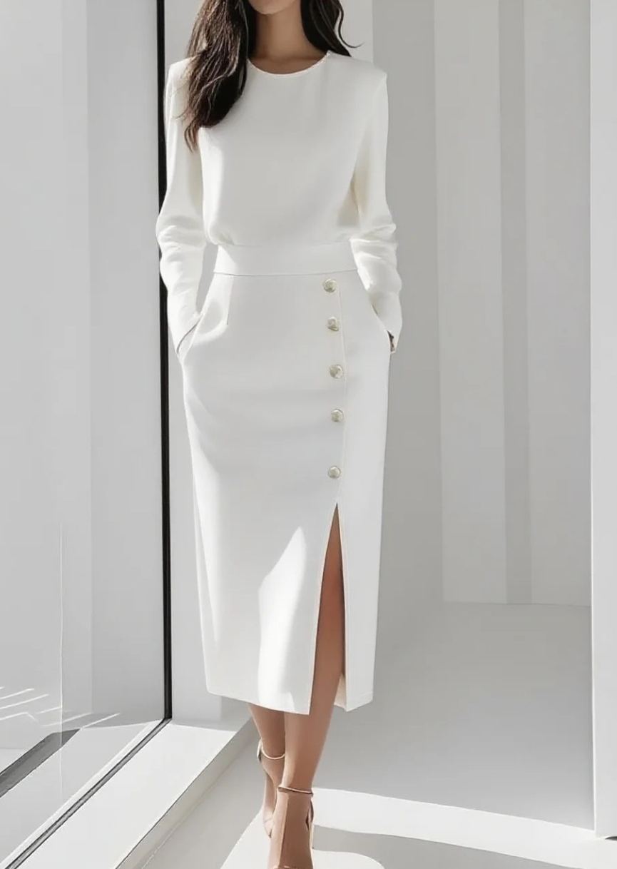 Solid color crew neck long sleeve waist-cinching slit dress
